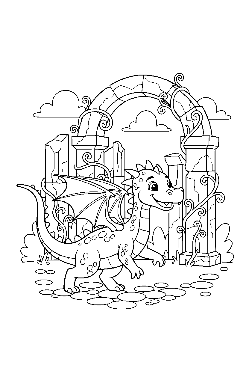 magic dragon walking happily near ancient ruins line art