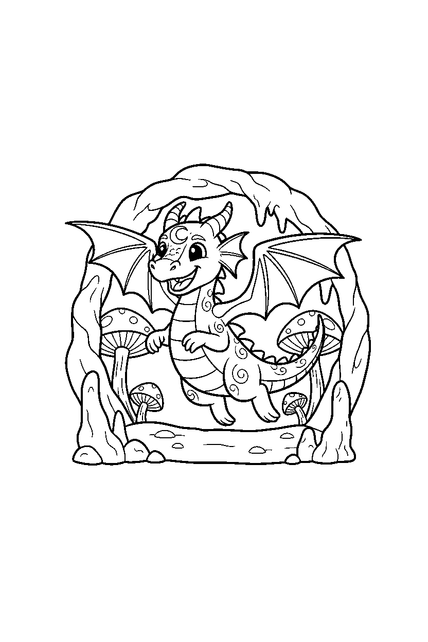 moon dragon jumping happily in a hidden cave line art