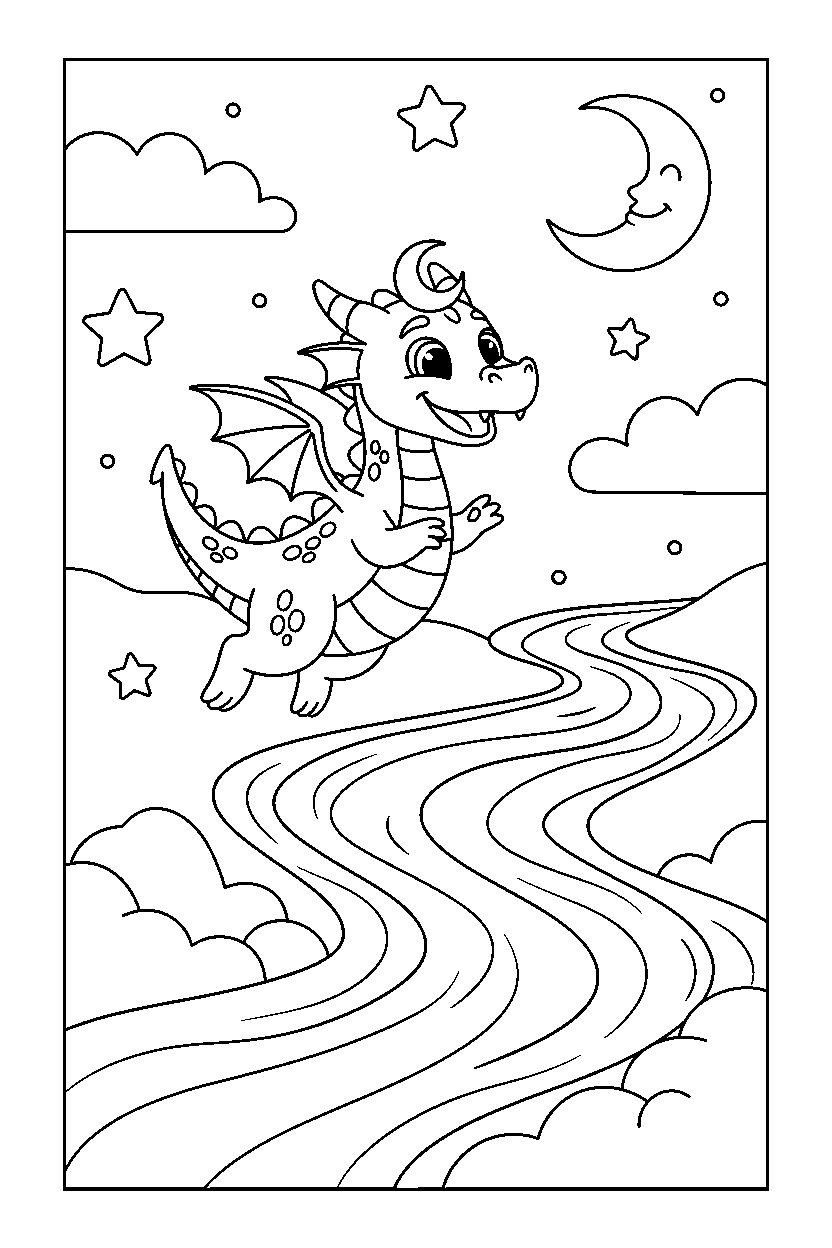 moon dragon jumping happily near a glowing river line art