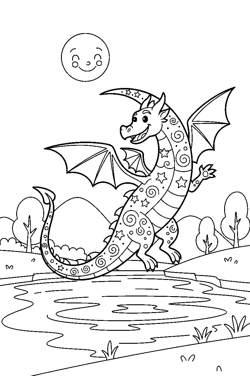 moon dragon jumping with joy near a peaceful lake line art