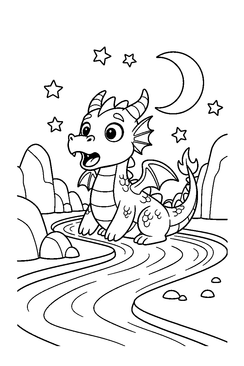 moon dragon looking surprised near a glowing river line art