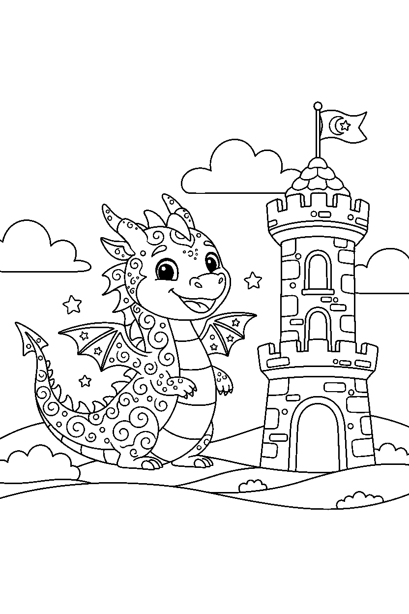 moon dragon smiling happily near a castle tower line art