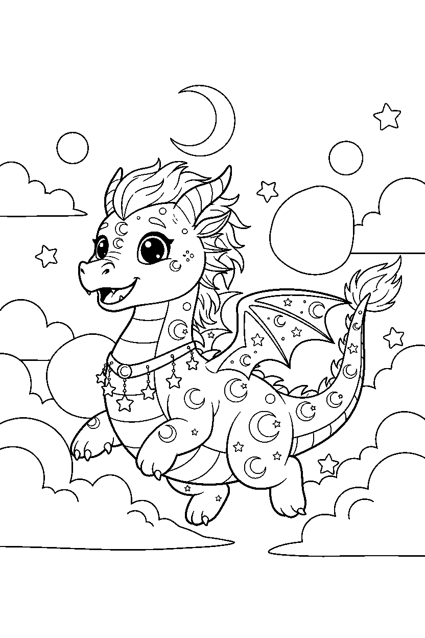 moon dragon trotting happily in a dream world line art