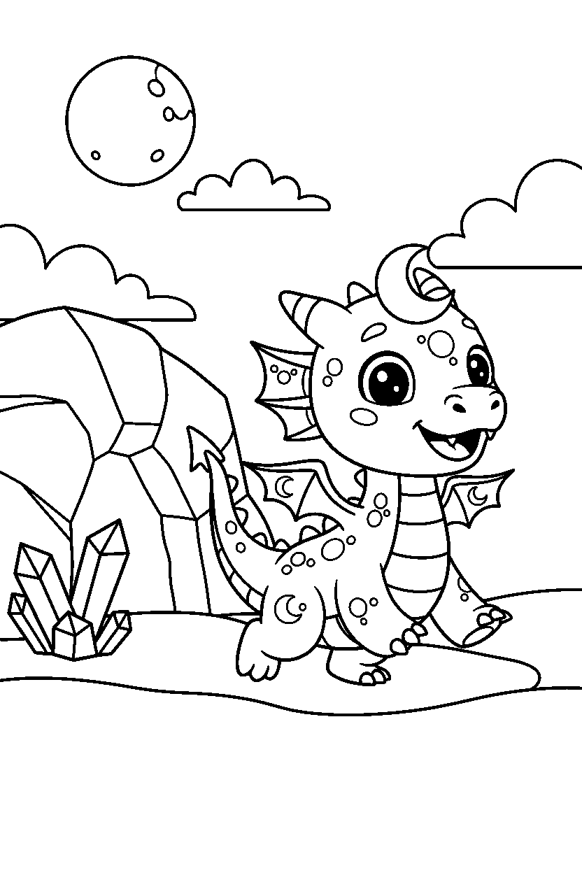 moon dragon trotting happily near a crystal cave line art