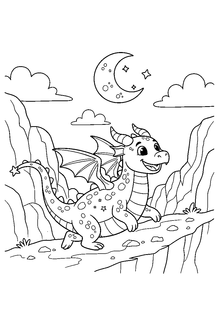 moon dragon trotting happily near a rocky cliff line art