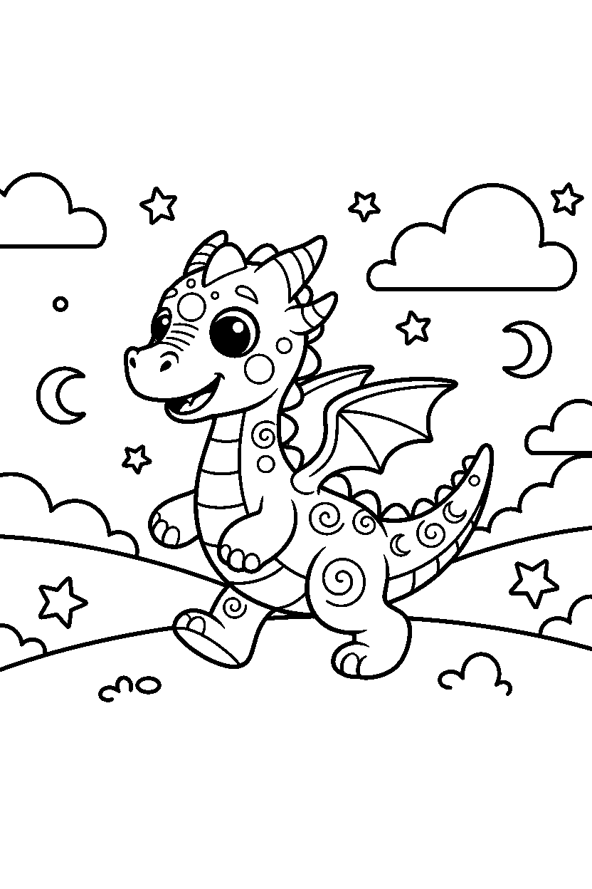 moon dragon walking happily in a starry valley line art