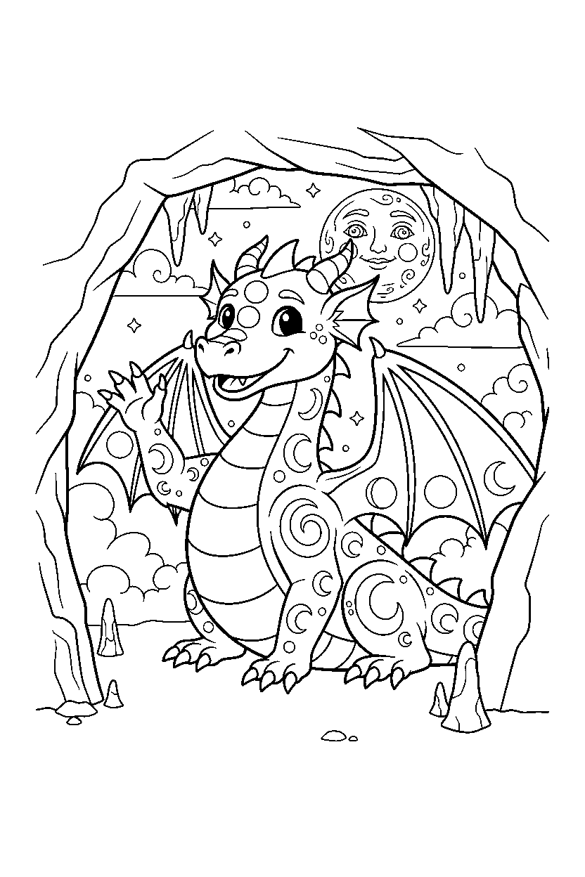 moon dragon waving happily in a hidden cave line art