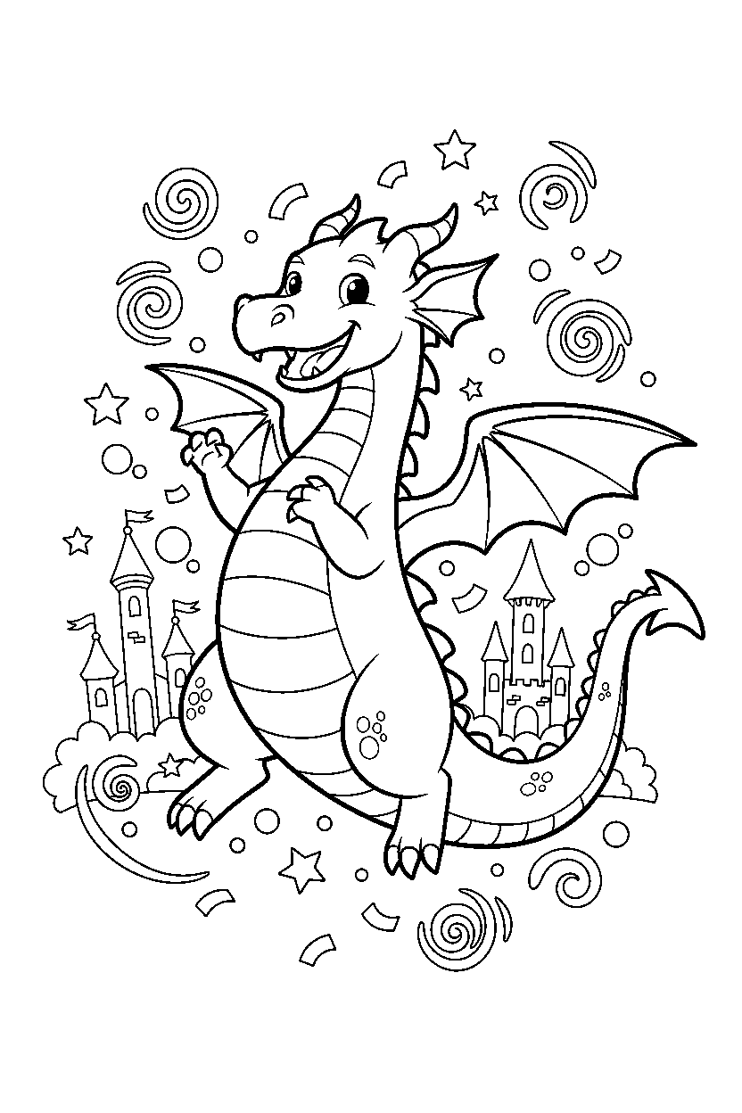 night dragon celebrating happily in a magic kingdom line art