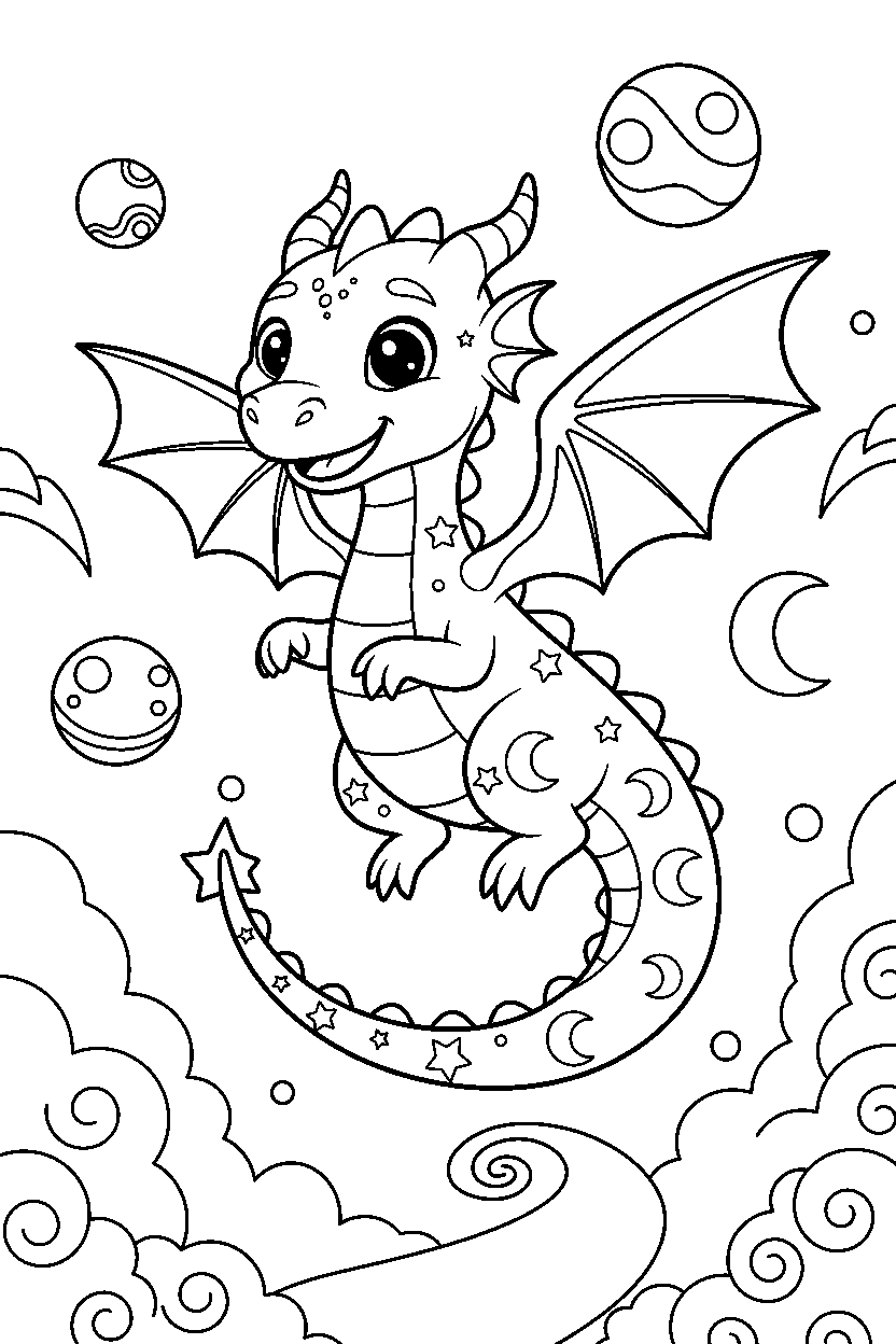 night dragon jumping happily in a dream world line art