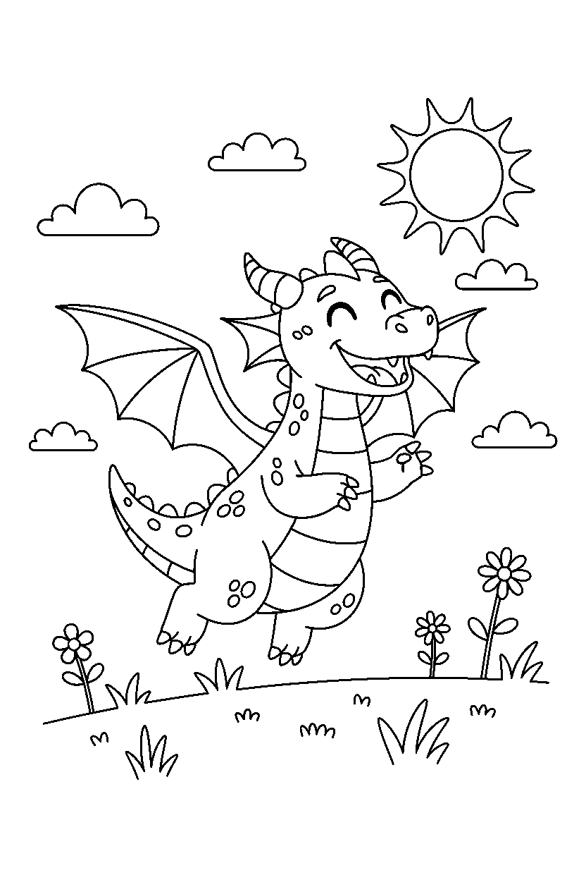 night dragon jumping happily on a sunny meadow line art