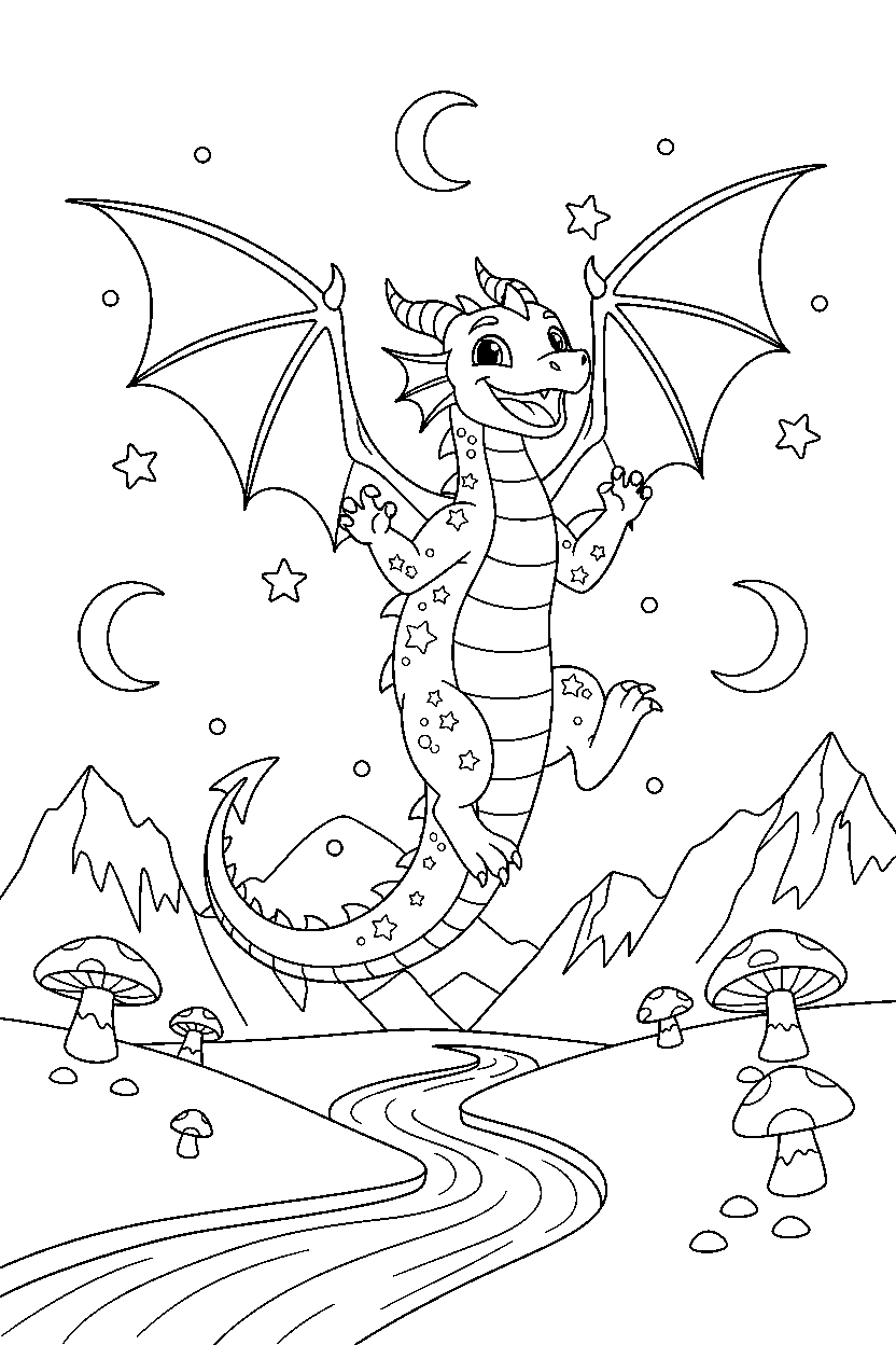 night dragon jumping with joy in a dragon valley line art