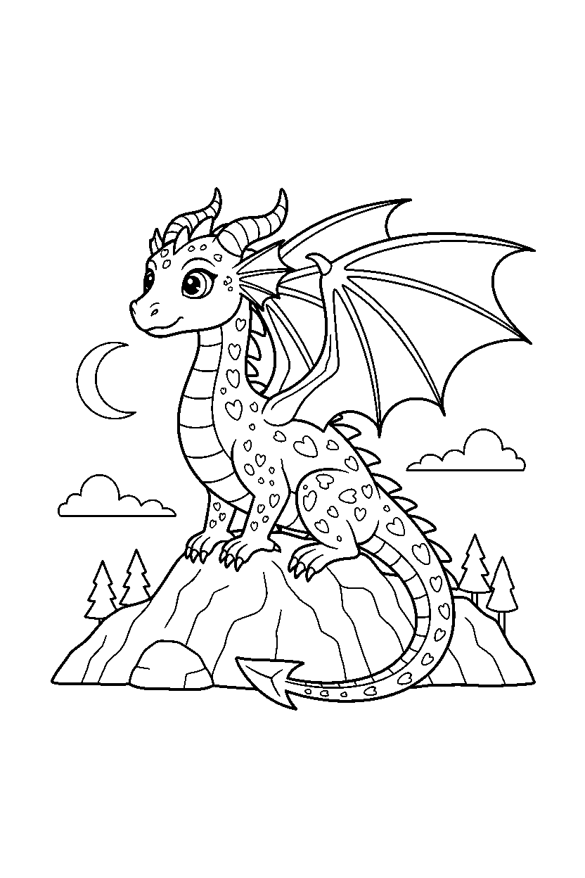 night dragon looking around on a mountain hill line art