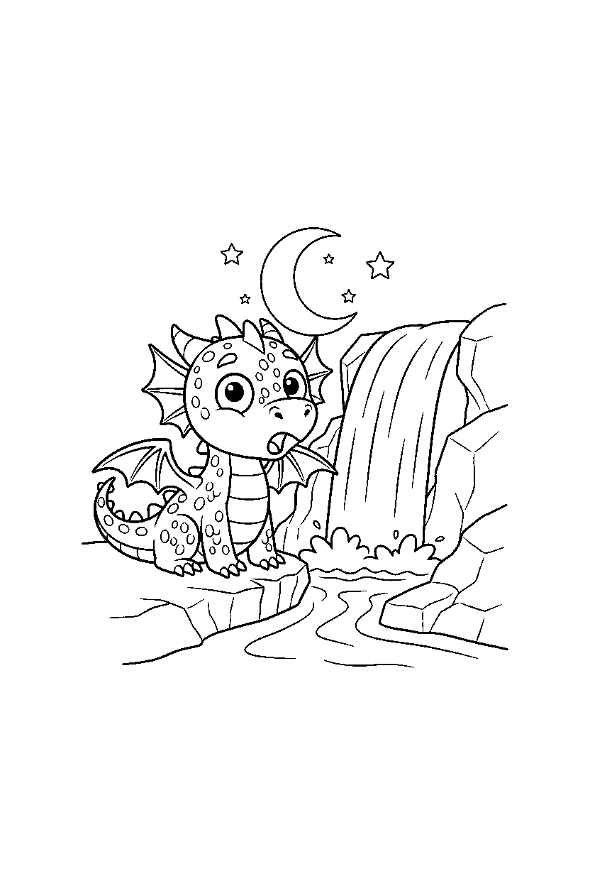 night dragon looking surprised near a waterfall line art