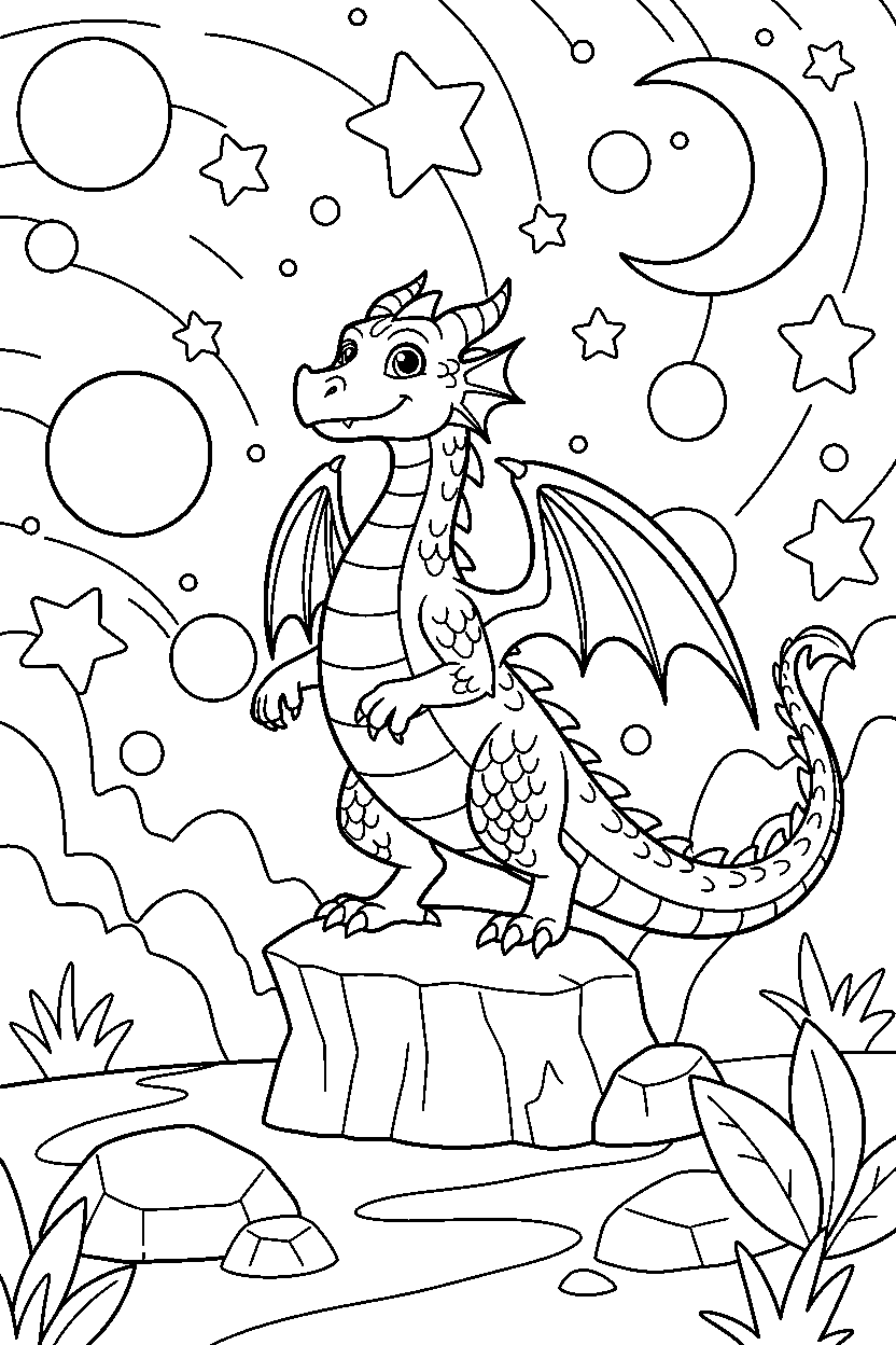 night dragon posing proudly in a starry valley line art