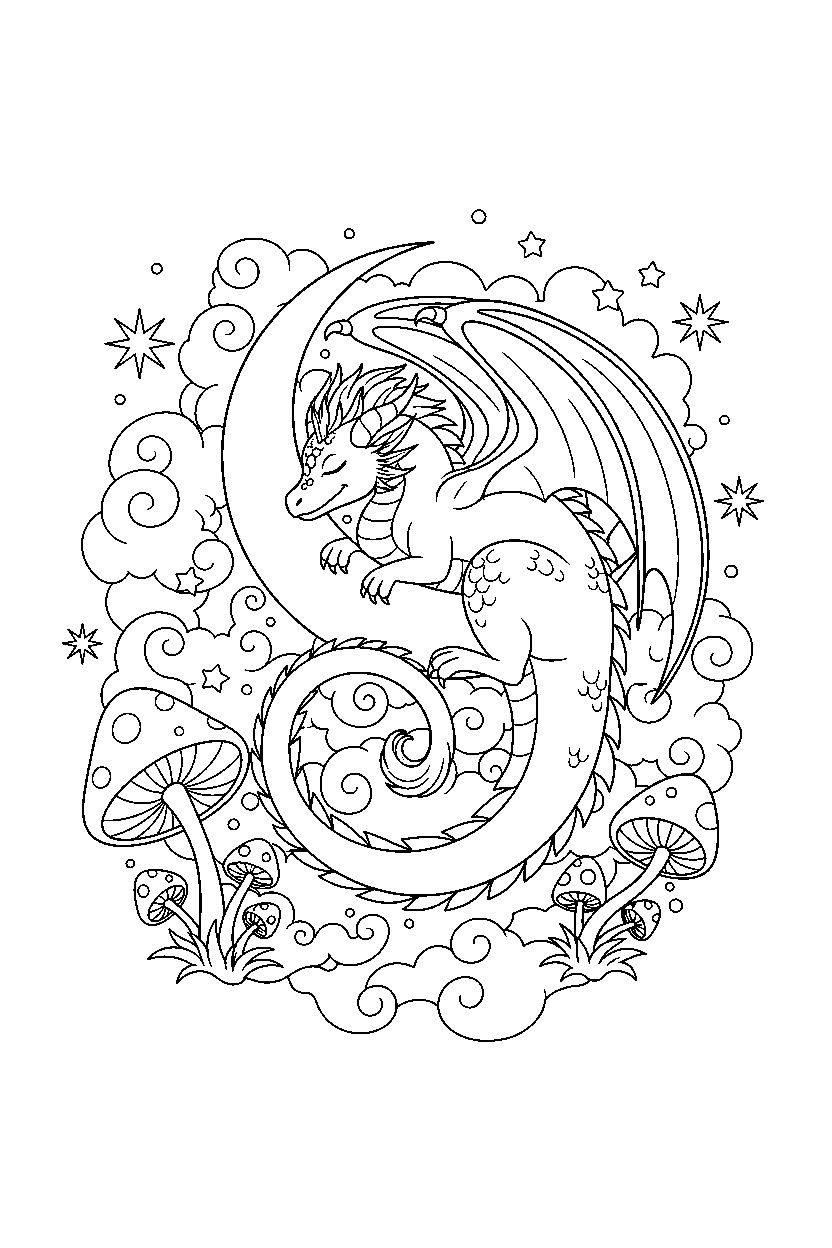 night dragon relaxing peacefully in a magical landscape line art