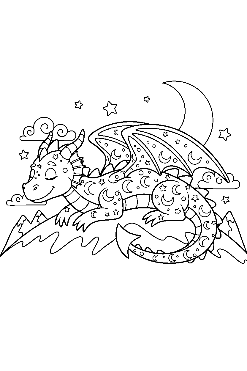 night dragon relaxing peacefully on a mountain hill line art