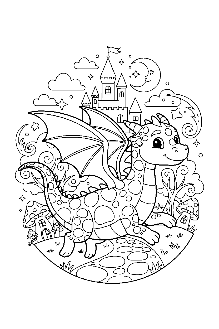 night dragon running happily in a magic kingdom line art