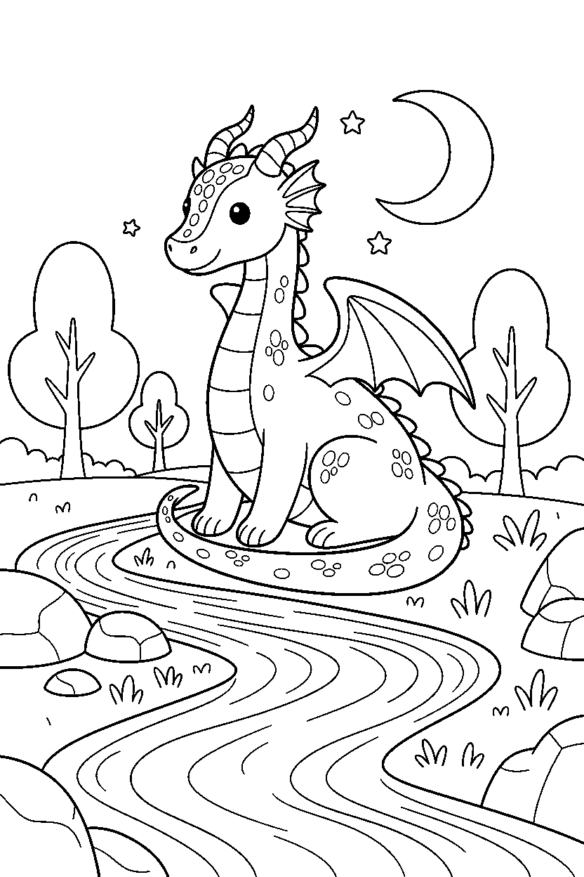 night dragon sitting peacefully near a glowing river line art