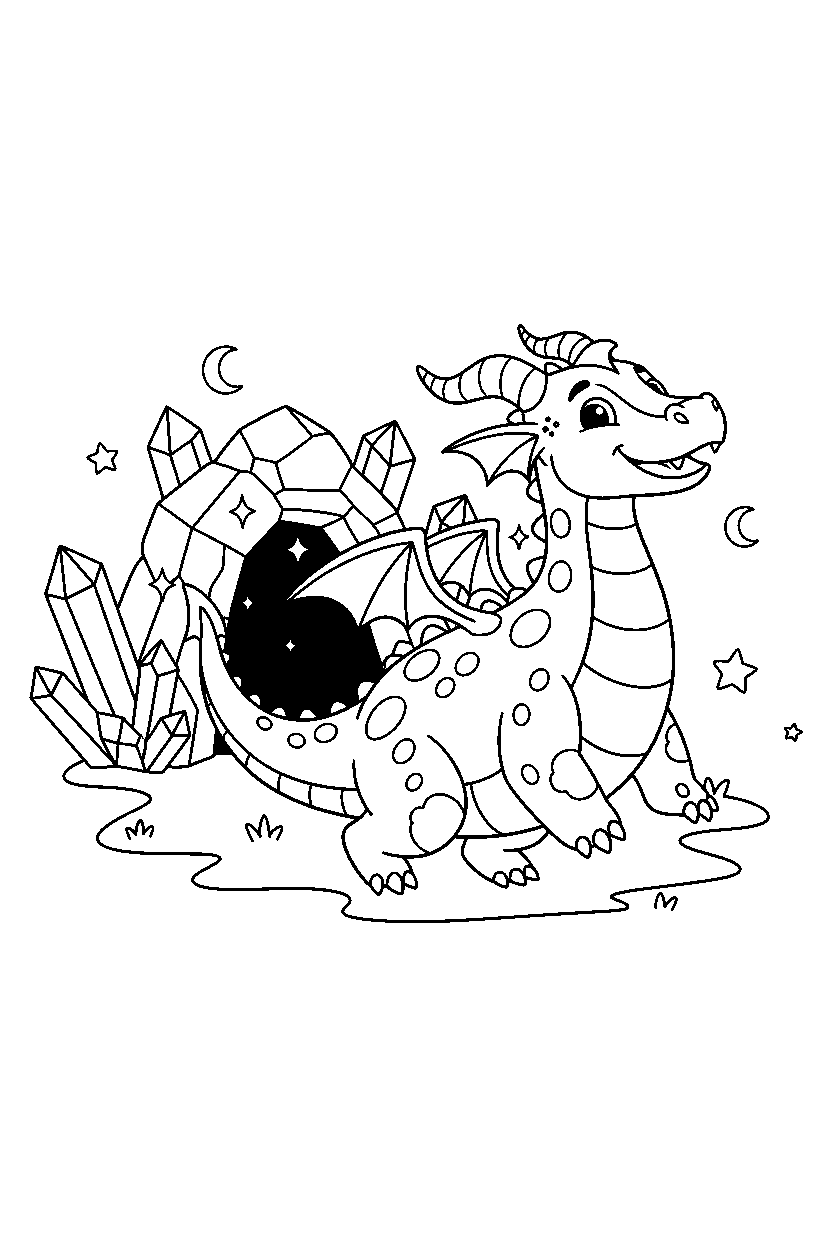 night dragon trotting happily near a crystal cave line art
