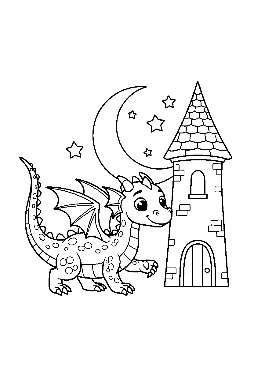 night dragon walking gently near a castle tower line art