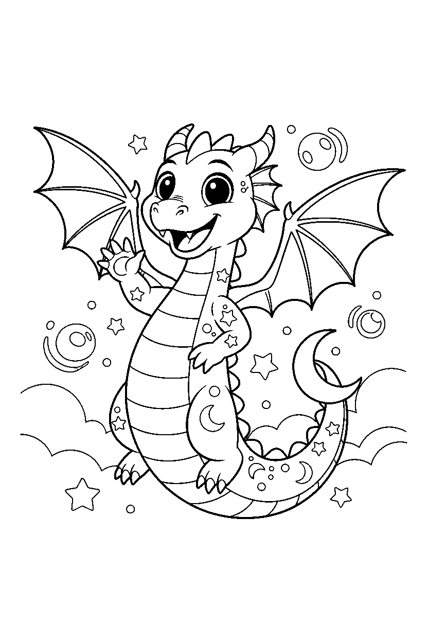 night dragon waving happily in a dream world line art
