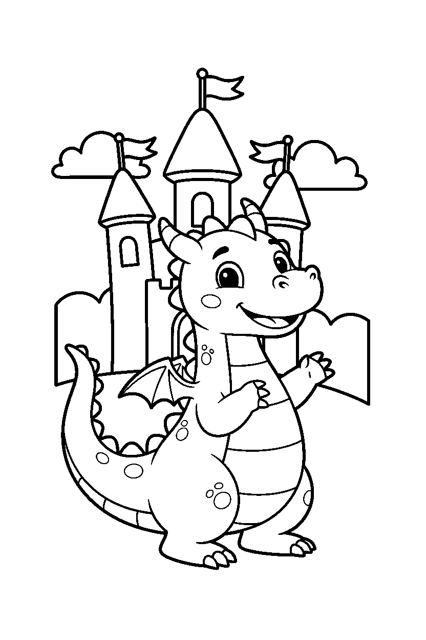 pastel dragon looking happy near a castle line art