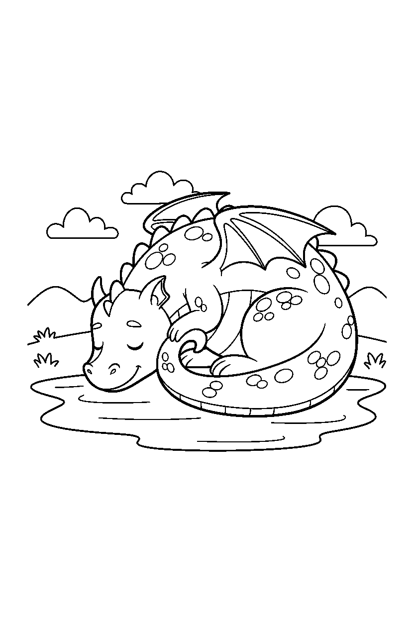 pastel dragon resting peacefully near a peaceful lake line art