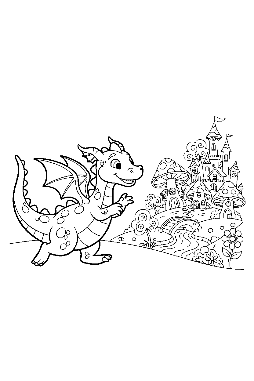 pastel dragon running happily near a fantasy village line art