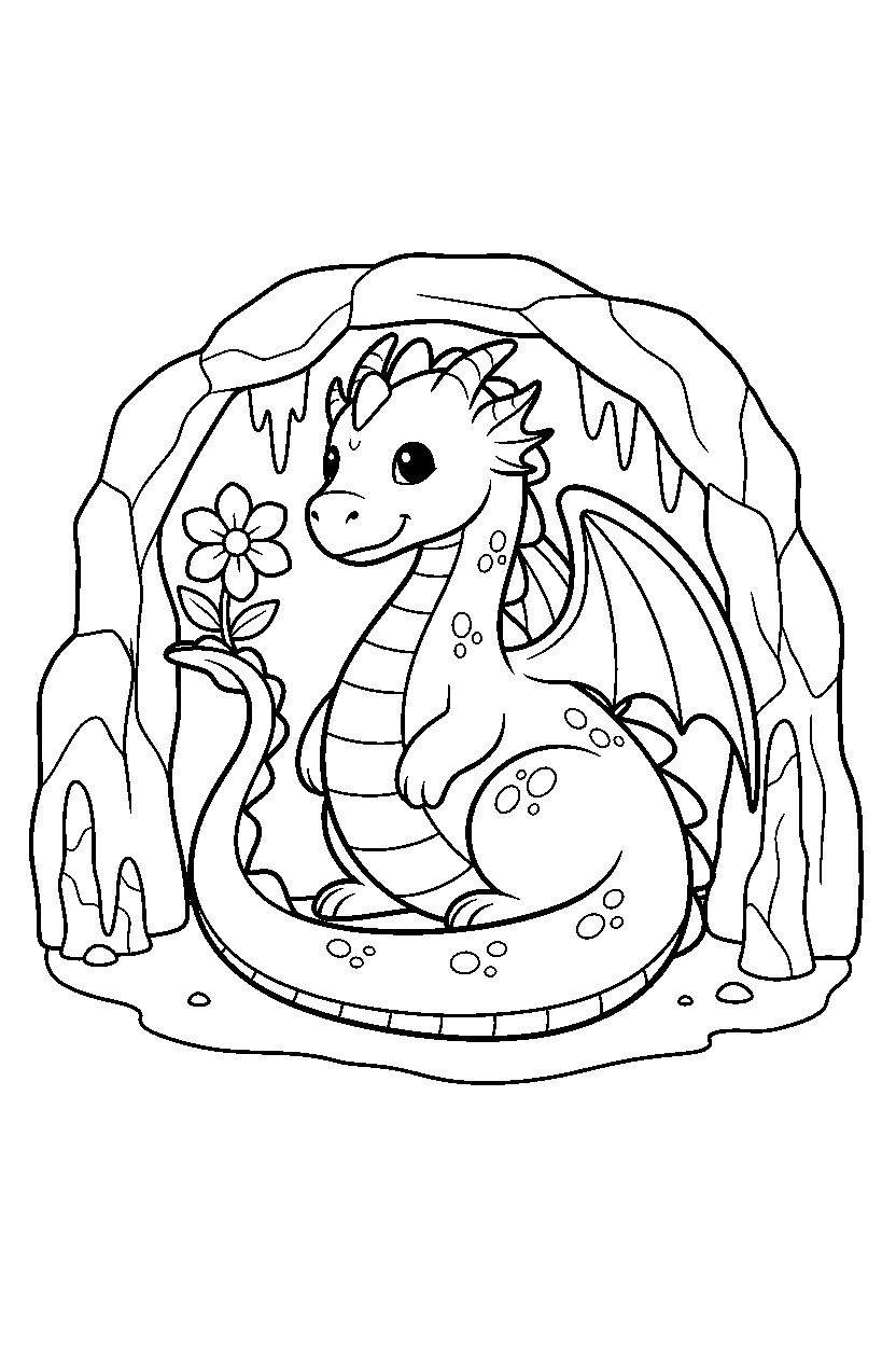 pastel dragon sitting peacefully in a hidden cave line art