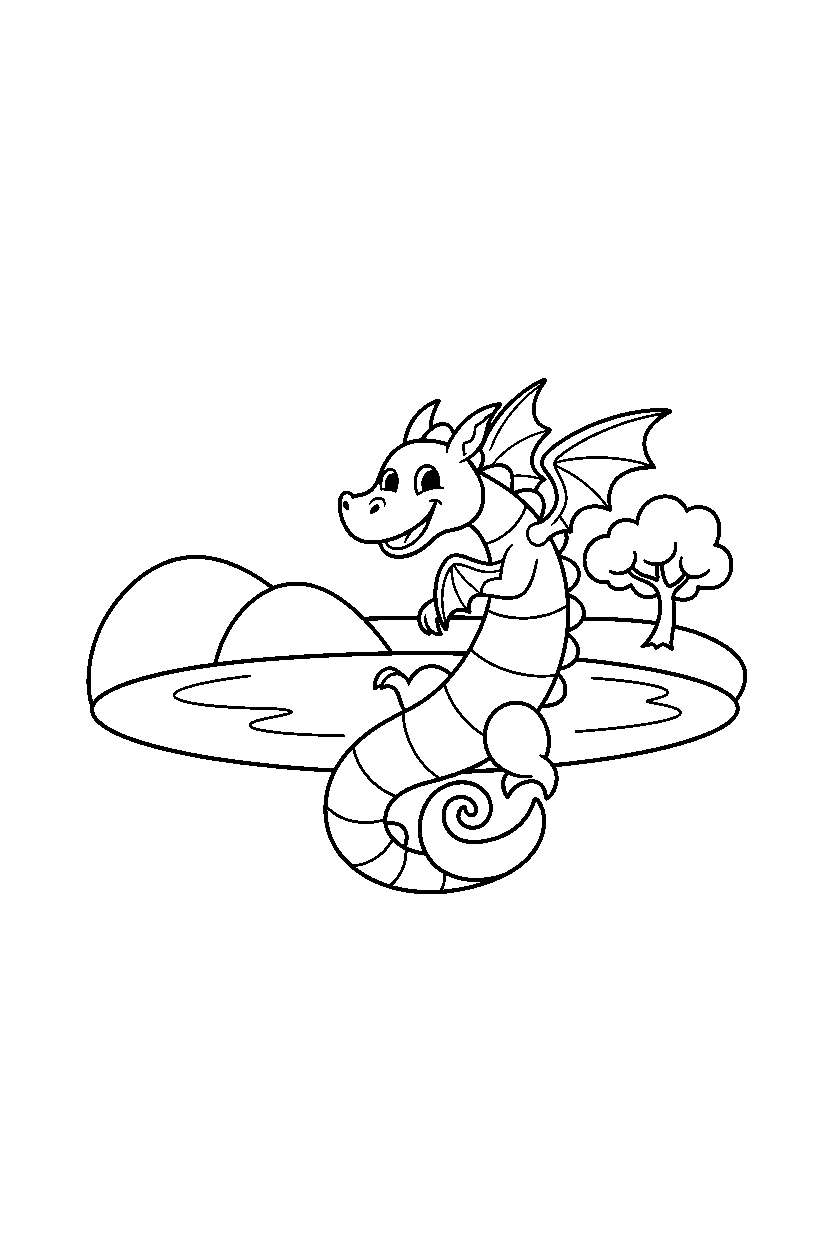 pastel dragon spinning happily near a peaceful lake line art