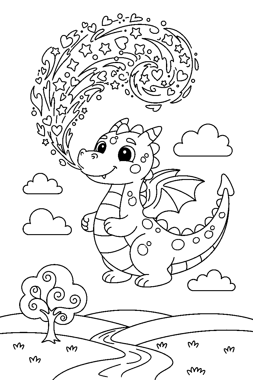 playful dragon breathing magic fire in a peaceful countryside line art