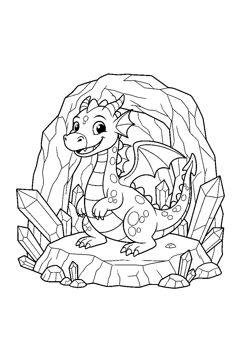 playful dragon getting ready to fly near a crystal cave line art