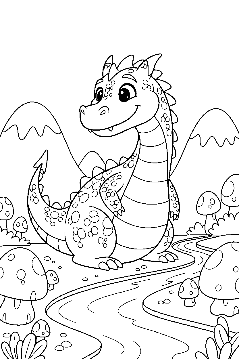 playful dragon looking around in a glowing valley line art