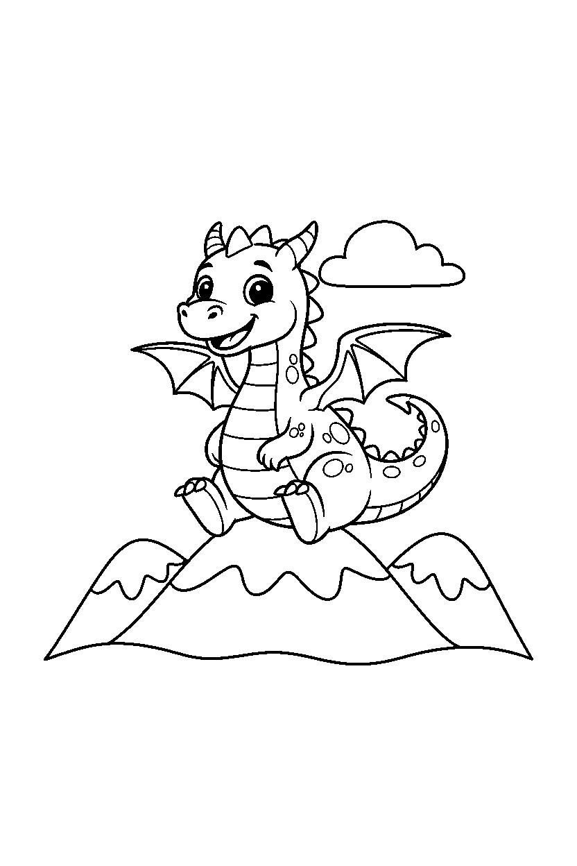 playful dragon smiling happily on a mountain hill line art