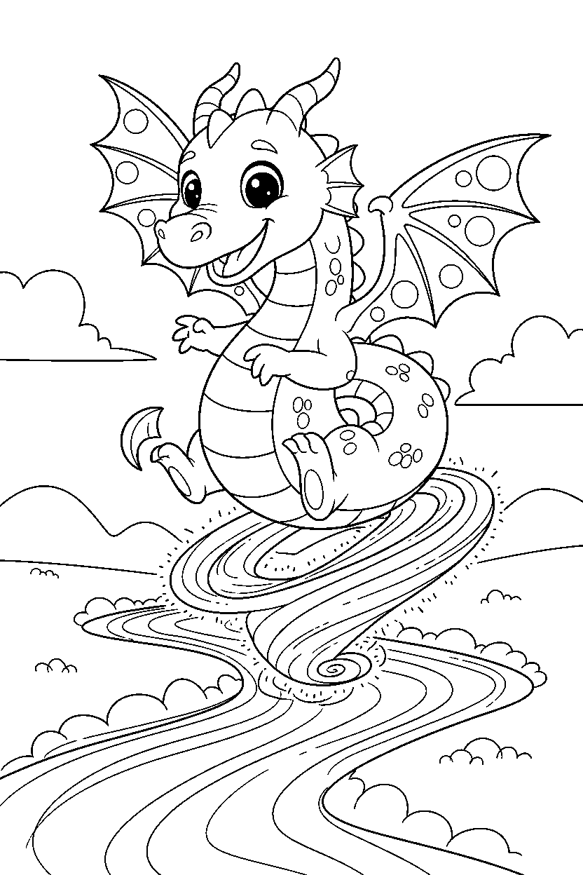 playful dragon spinning happily near a glowing river line art