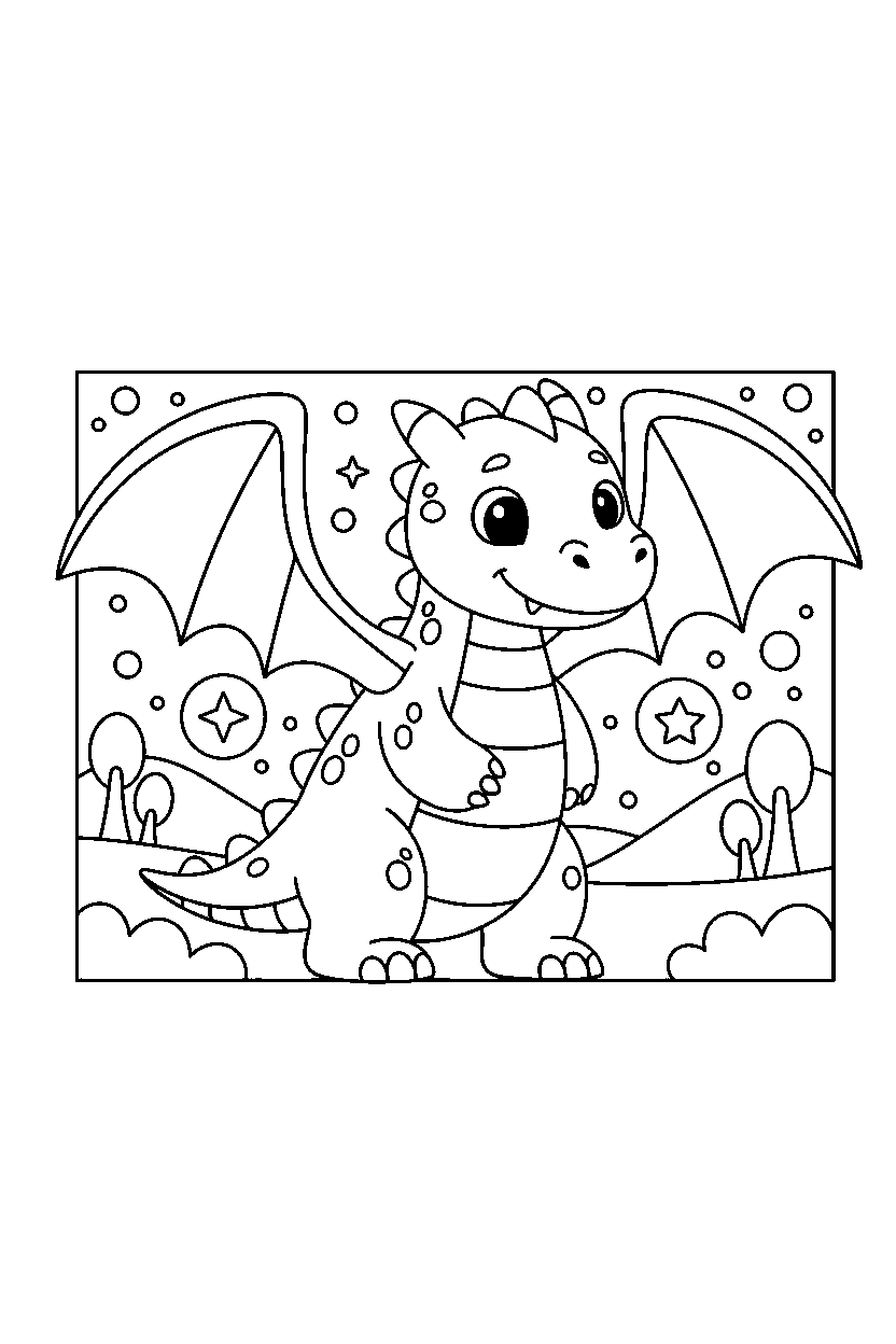 playful dragon spreading wings in a glowing valley line art