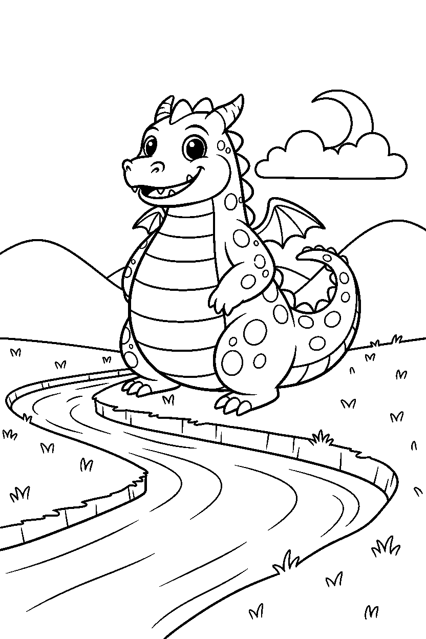 playful dragon standing bravely near a glowing river line art