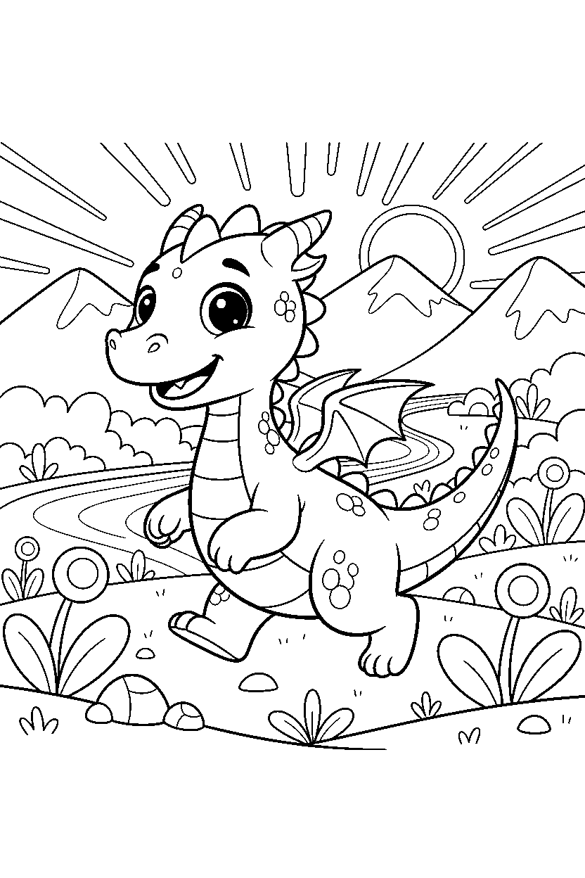playful dragon walking happily in a glowing valley line art