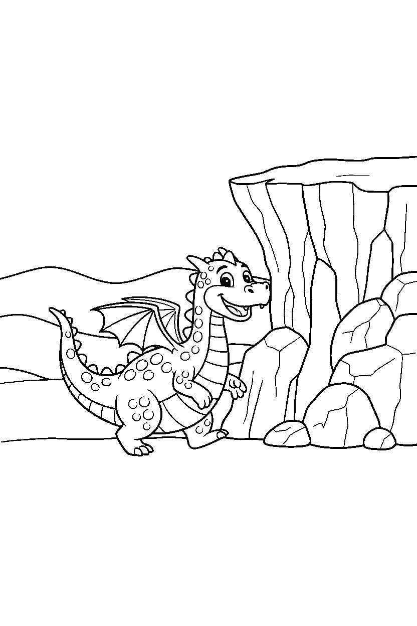 playful dragon walking happily near a rocky cliff line art