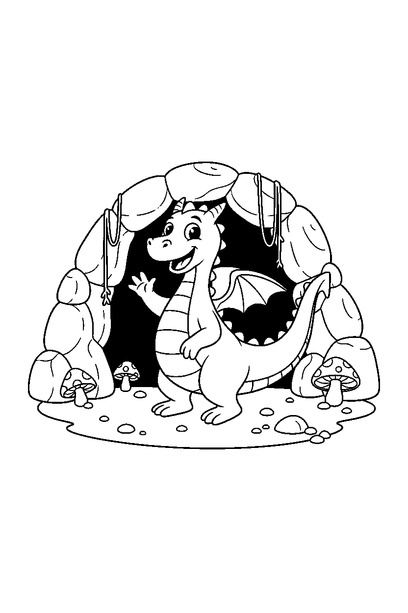 playful dragon waving happily in a hidden cave line art
