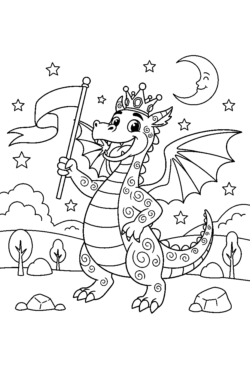 royal dragon celebrating happily in a starry valley line art
