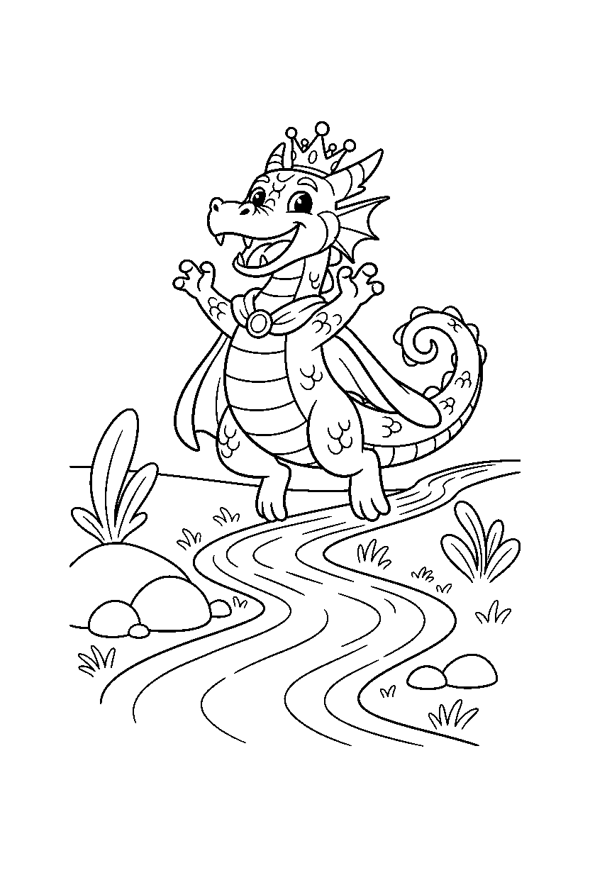 royal dragon celebrating happily near a glowing river line art