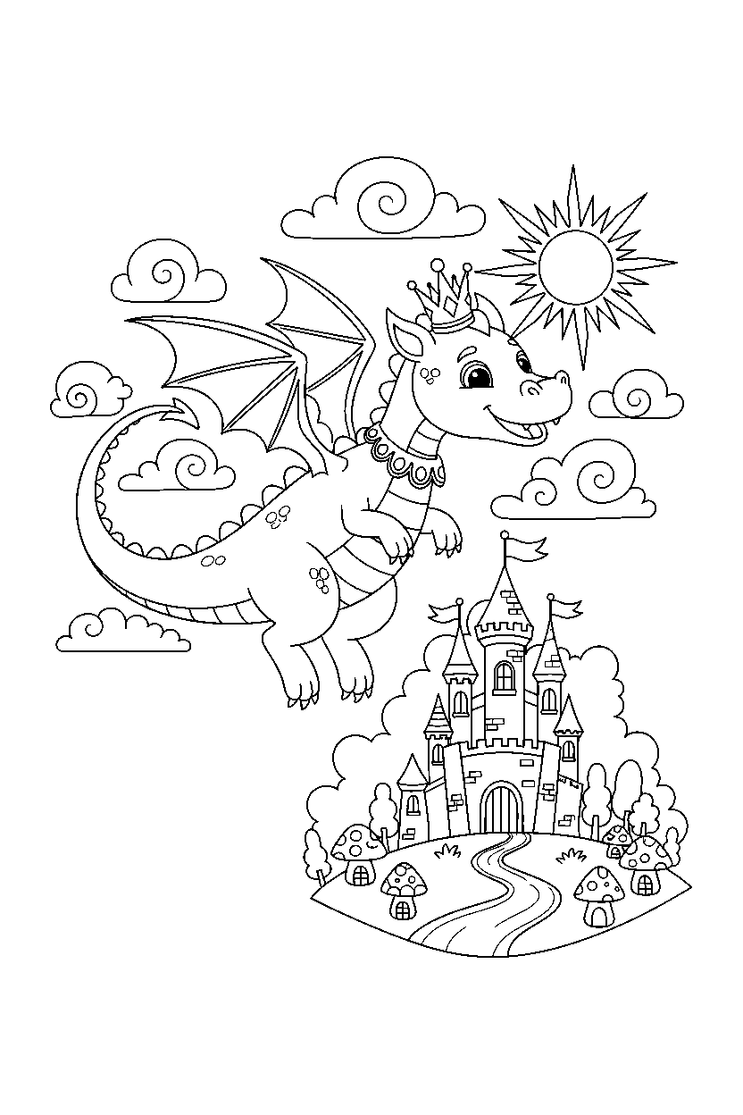 royal dragon flying happily in a magic kingdom line art
