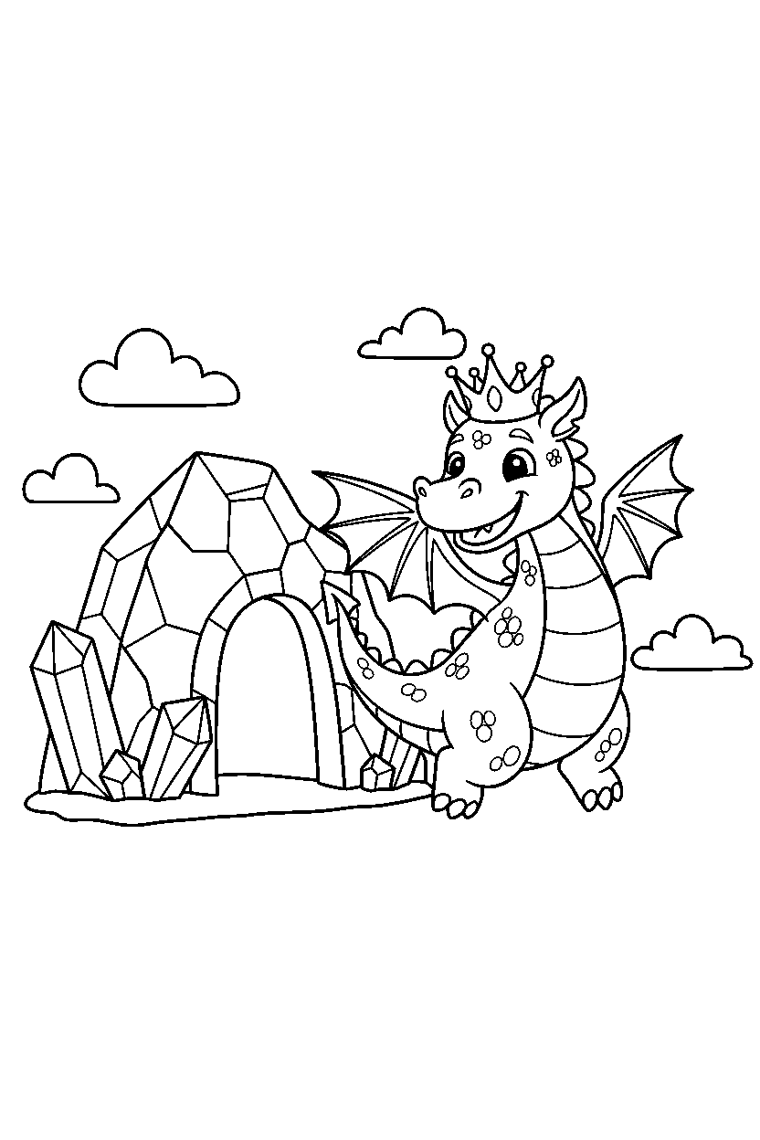 royal dragon flying happily near a crystal cave line art