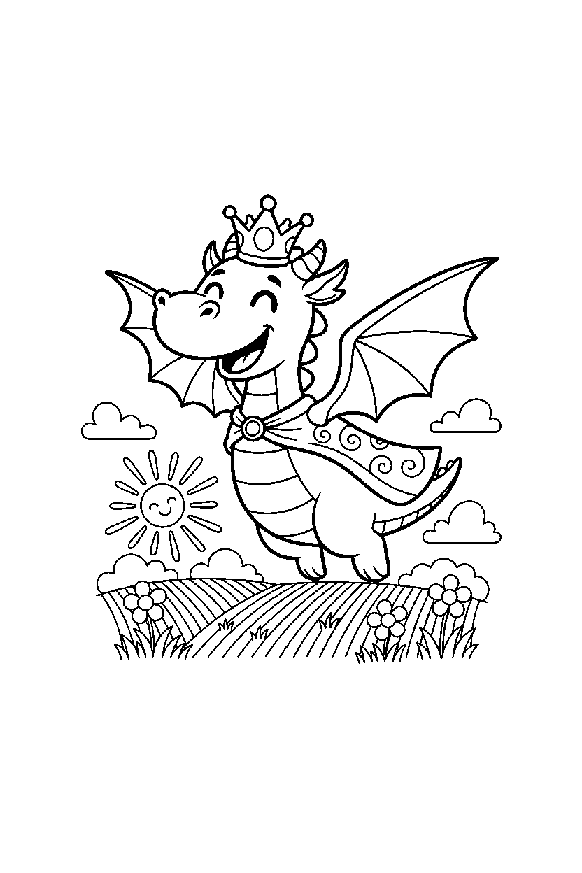 royal dragon flying happily on a sunny meadow line art