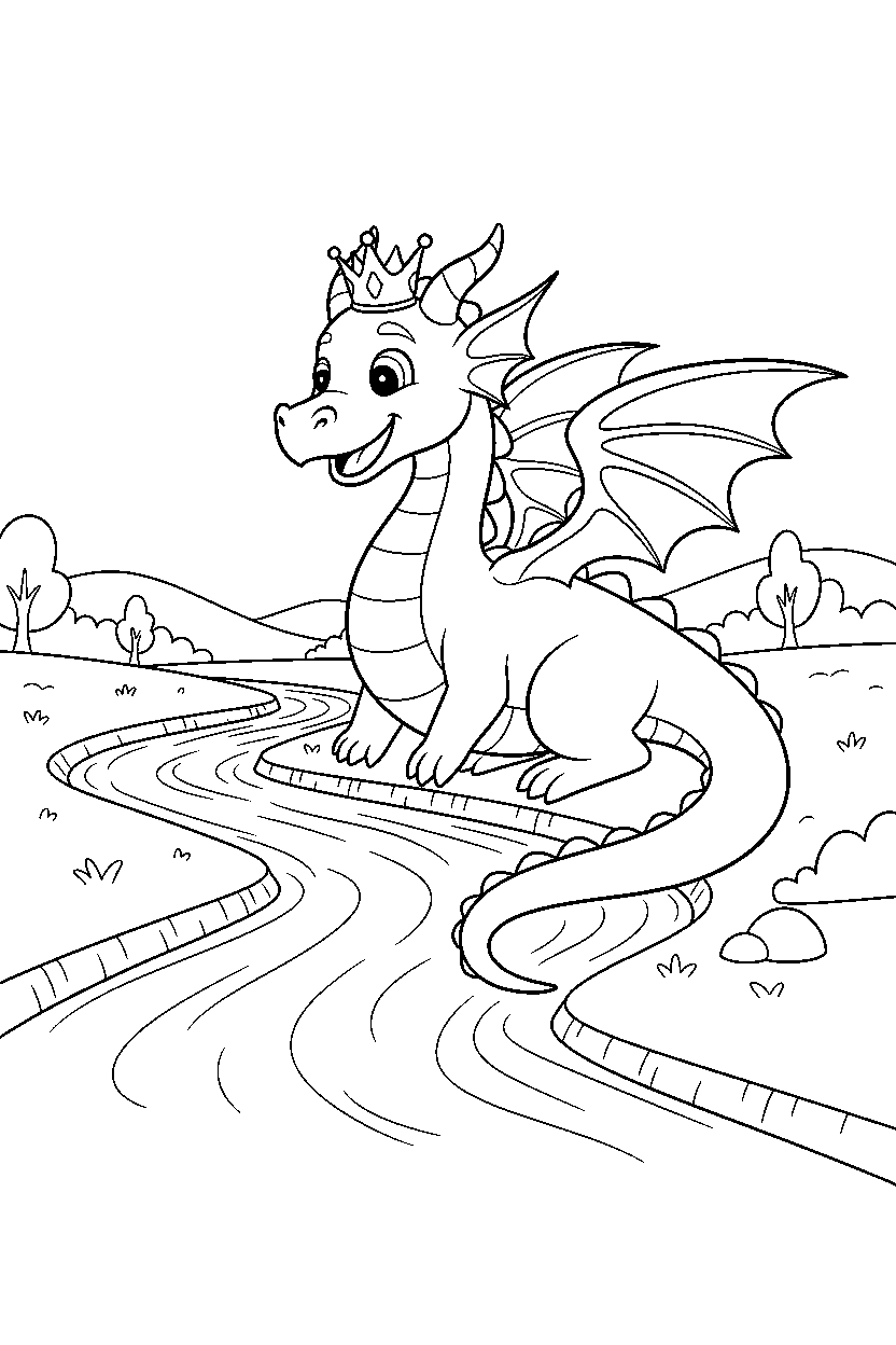 royal dragon looking happy near a glowing river line art