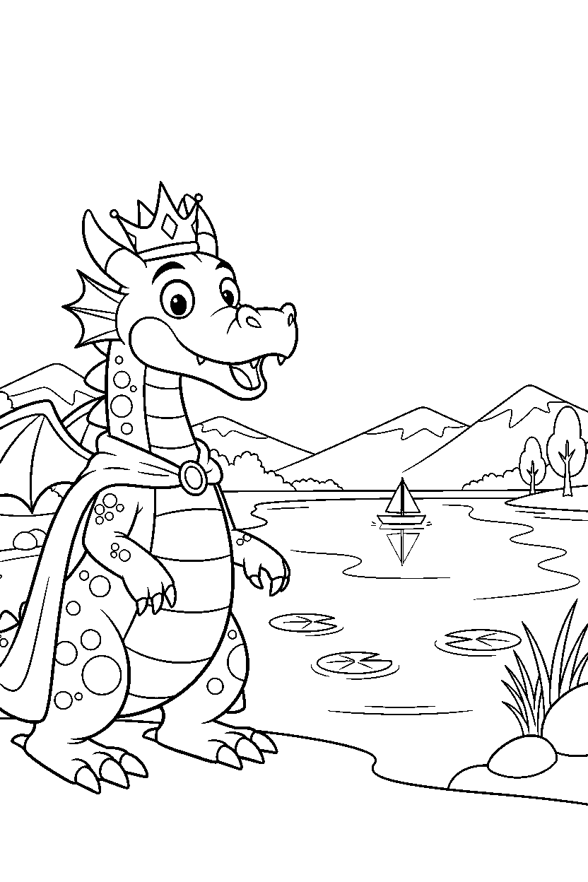 royal dragon looking surprised near a peaceful lake line art