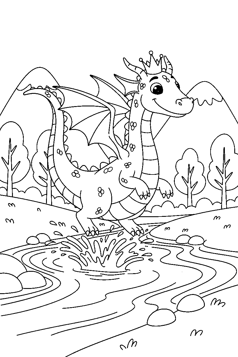 royal dragon playing happily near a glowing river line art