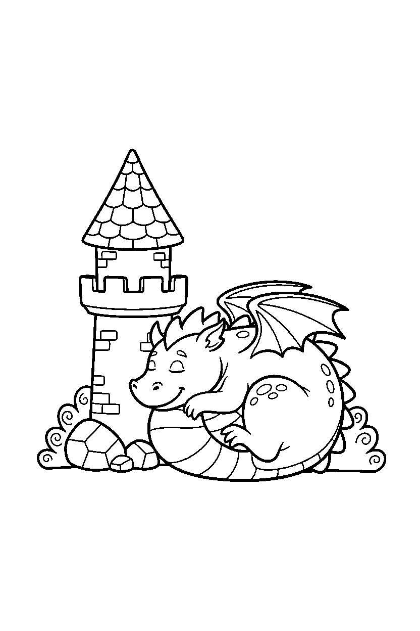 royal dragon relaxing peacefully near a castle tower line art