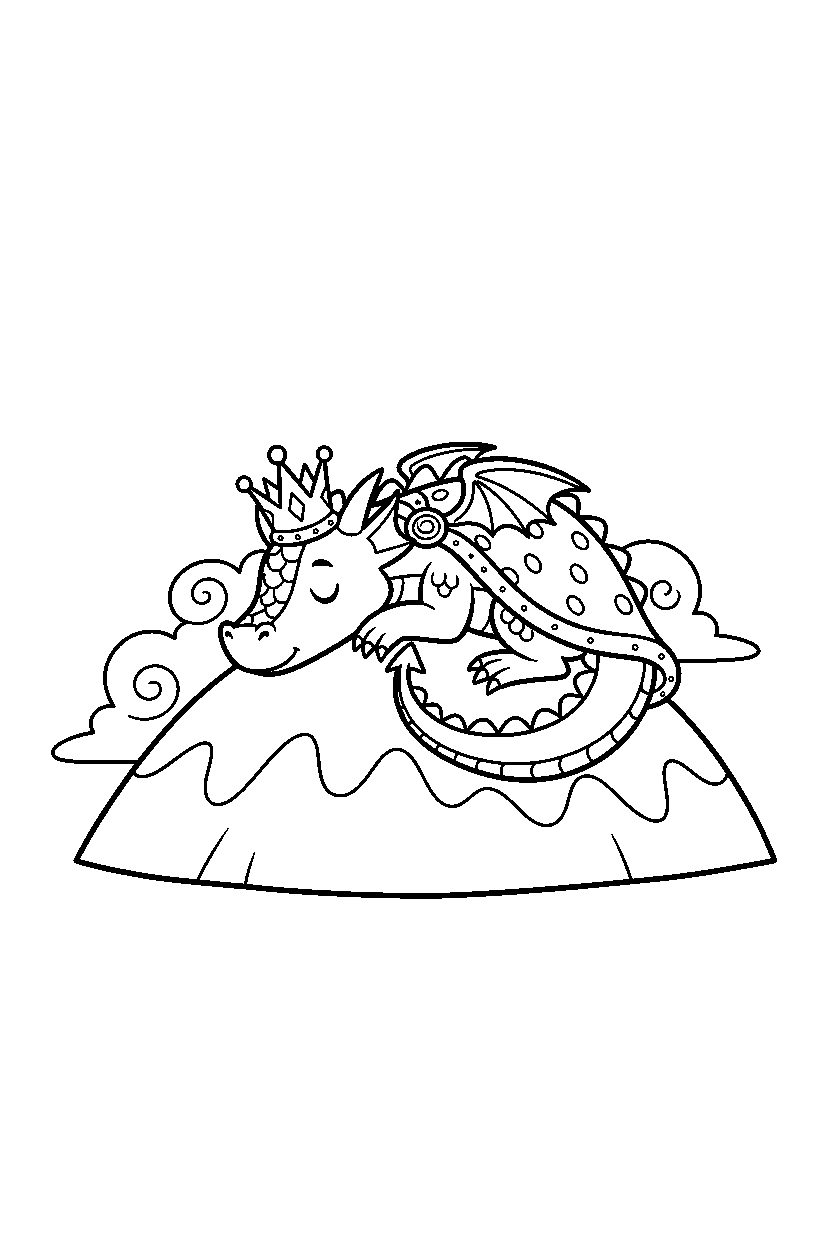 royal dragon resting peacefully on a mountain hill line art